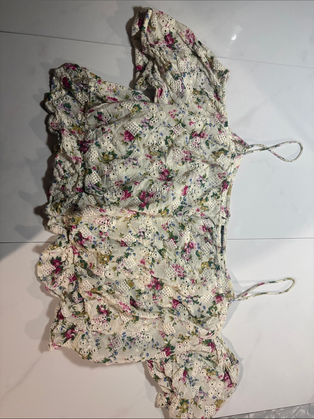 Topshop Cream Floral Eyelet Crop Top with Pink and Green Accents